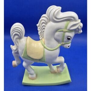 Vintage 80s Ceramic Rocking Horse Decor Cream Green Yellow 8x7x2.5" ADORABLE